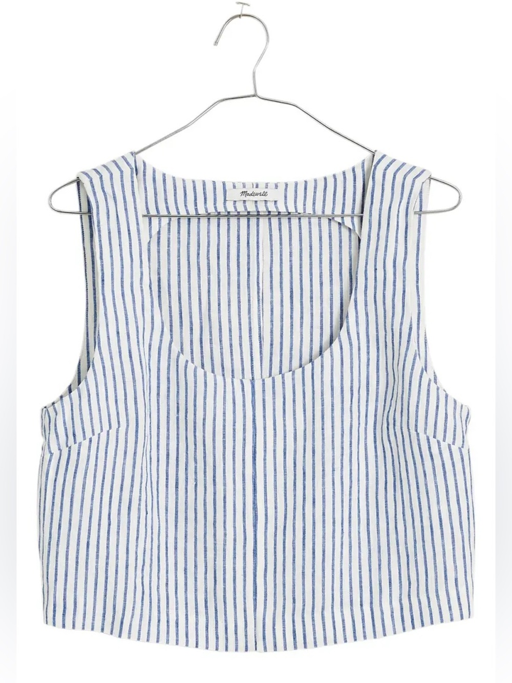 Madewell 100% Linen Scoopneck Sleeveless Cropped top in Bluestone blue stripe 12